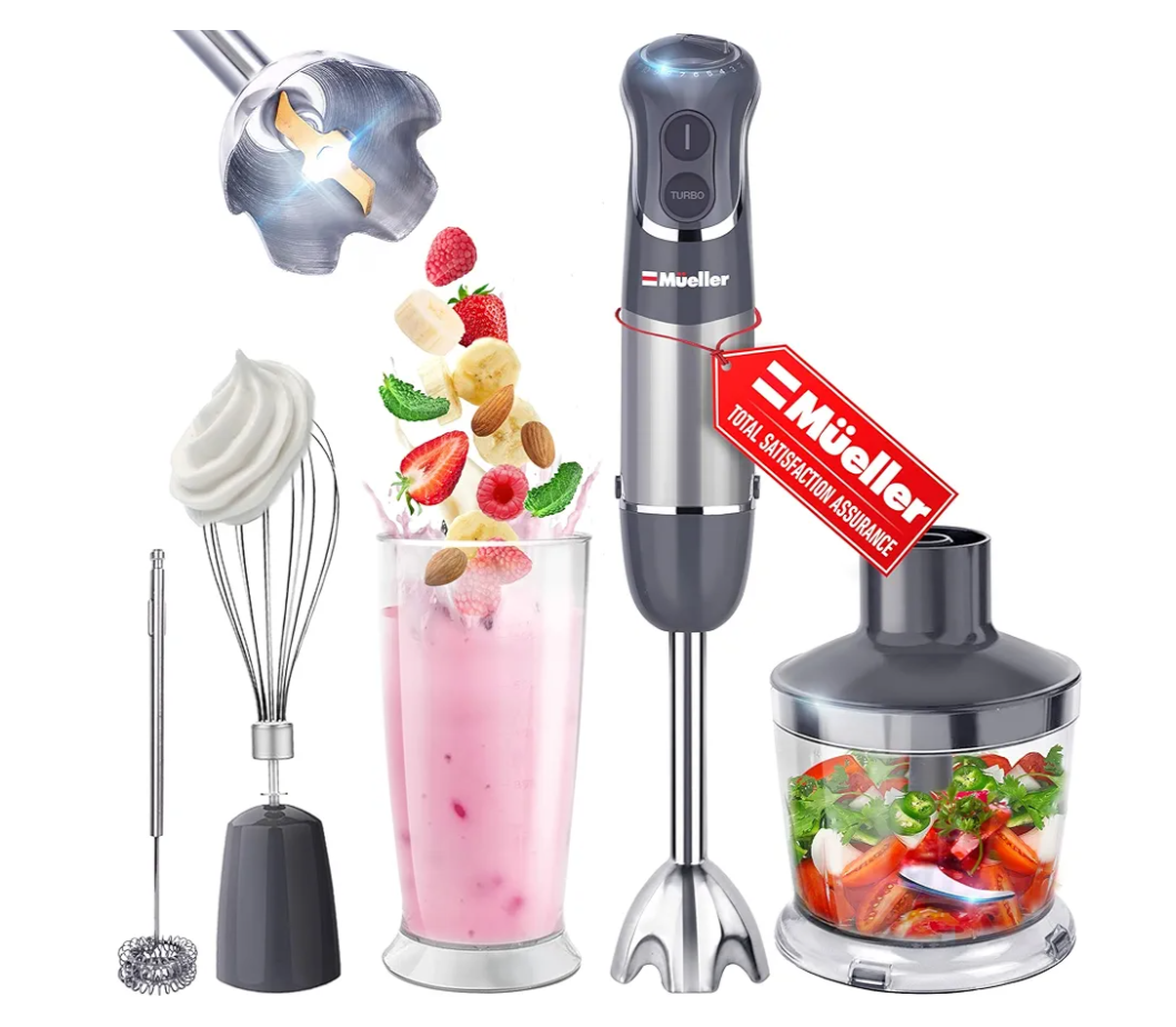 Mueller Multistick 5-in-1 Immersion Blender Handheld, 12 Speed Hand Mixer - Turbo Boost, Heaviest Duty Copper Motor, Titanium Blades Hand Blender, Milk Frother Wand, Whisk, Beaker, Chopper, Grey