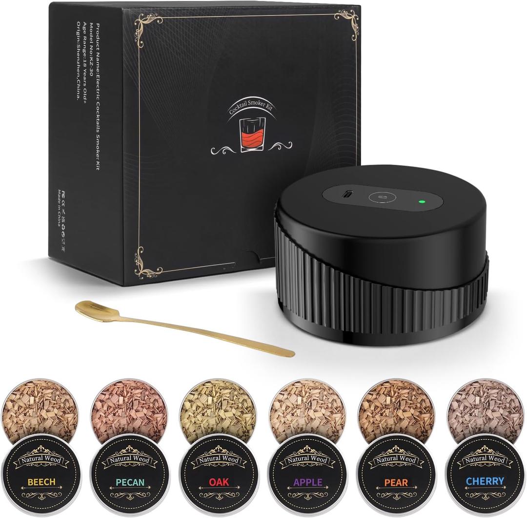 Electric Whiskey Smoker Set with 6 Wooden Chips - Refillable Cocktail Smoker Kit Built-in Lighter (No Butane Required) - Birthday Christmas Gift for Bourbon Whiskey Enthusiasts