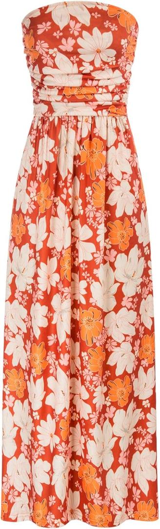 GRACE KARIN Women Strapless Casual Loose Ruched Long Maxi Dress with Pockets (Small, Apricot Flower)
