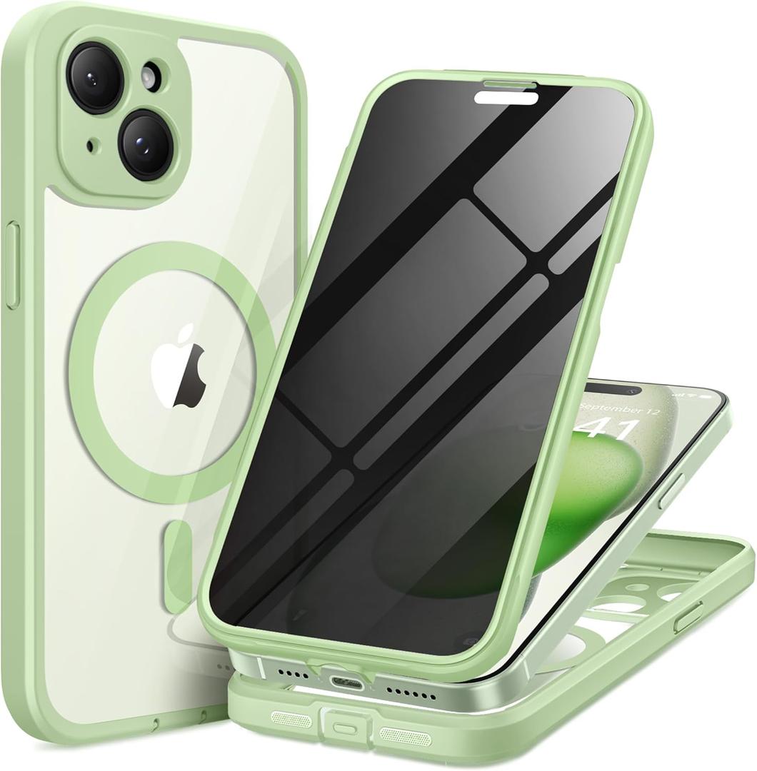for iPhone 15 Case, Compatible with MagSafe, Built-in Privacy Screen Protector and Camera Protection, Anti Spy Full Body Dustproof Shockproof Hard Phone Case 6.1", Mint Green