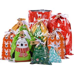 Drawstrings Christmas Gift Bags Assorted Sizes, 34Pcs Holiday Gift Bag Bulk Christmas Bags For Gifts, Reusable Plastic Xmas Presents Wrapping Bags Favor Goody Bags Jumbo/Extra Large/Medium/Small Size