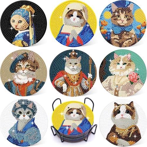 Puraikcmi 8PCs Diamond Paintings Coasters Kits Set, Funny Cat Diamond Art Coasters with Holder, DIY Crafts Diamond Art Kits Adult Craft Diamond Dots Gift