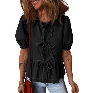 Deer Lady Womens Denim Shirt Bow Tie Front Tops Puff Sleeve Blouses Babydoll Peplum Summer Trendy Crewneck Shirts (Medium, Black)