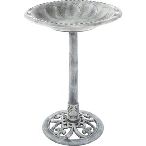 Pure Garden Outdoor Antique-Style Bird Bath - Weather-Resistant Polyresin Basin with Vintage Design and Ground Stakes - Yard and Patio Decor (Gray)