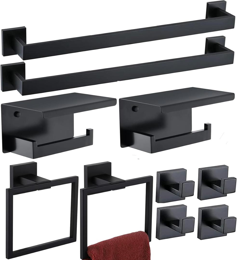 TAUN Bathroom Towel Bar Set 10 Pieces Matte Black Square Modern Bathroom Hardware Set SUS304 Bathroom Accessories Set Towel Rack Set for Bathroom Wall Mounted (Matte Black, 24 Inch), 10P-PHVC