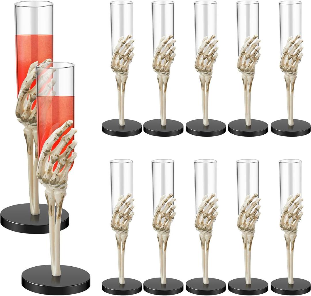 Tanlade 12 Pcs 2.7 oz Halloween Goblets with Spooky Skeleton Hand Plastic Champagne Flutes Cups for Decorations and Haunted House (Champagne)