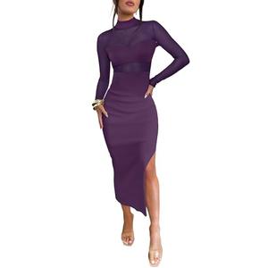 Caracilia Womens Mesh Dress Long Sleeve Mock Neck Bodycon Sheer Going Out Cocktail Night Club Midi Dresses 3 Piece Outfits Purple Small
