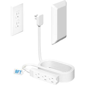 8FT Flat Plug Extension Cord with 3 Outlet Power Strip, Ultra Thin Outlet Concealer with Outlet Covers Baby Proofing, Flat Face Outlet Extender for Home, Bedroom, Kitchen with ETL Listed, White