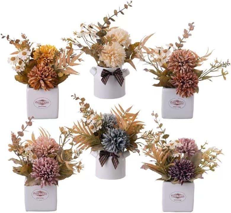 LUEUR 6PCS Artificial Fall Flowers with Ceramic Vase Mini Fake Flowers in Assorted Colors Faux Autumn Floral Arrangement, Farmhouse Decor, Table Centerpiece, Fall Decorations for Home, Office
