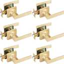 EHOMEWARE 6 Pack Brushed Brass Door Handles Gold Interior Door Knobs, Keyless Passage Door Levers for Hallway or Closet, Reversible Handing