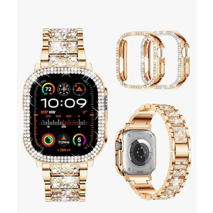 Mosonio Compatible with Apple Watch Band 38mm 40mm 41mm 42mm 44mm 45mm 46mm 49mm with 2 Pack Case Women, Jewelry Replacement Metal Bands Strap with Bling PC Protective Case for iWatch Ultra SE Series 11/10/9/8/7/6/5/4/3/2/1