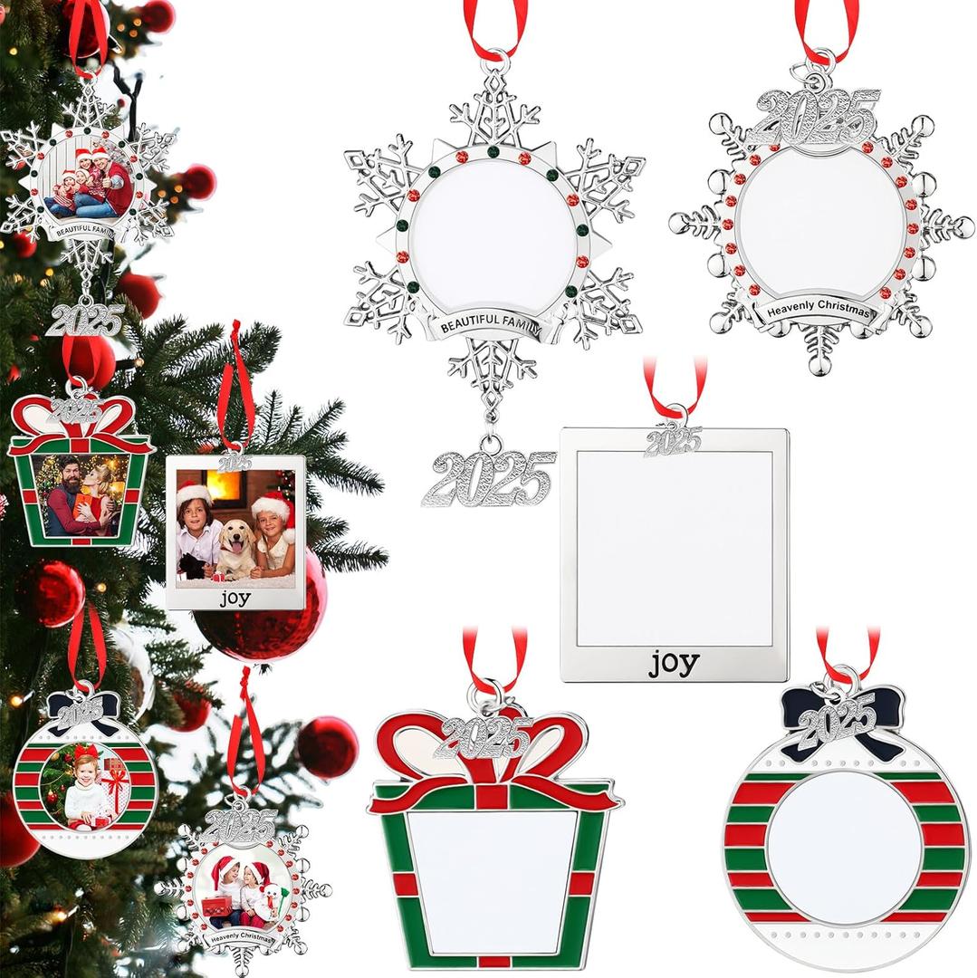 Remerry 5 Pcs 2025 Christmas Photo Ornaments Christmas Tree Snowflake Ornaments Family Holiday 2025 Xmas Picture Frame Ornament for Xmas Tree Home Decor(Giftbox)