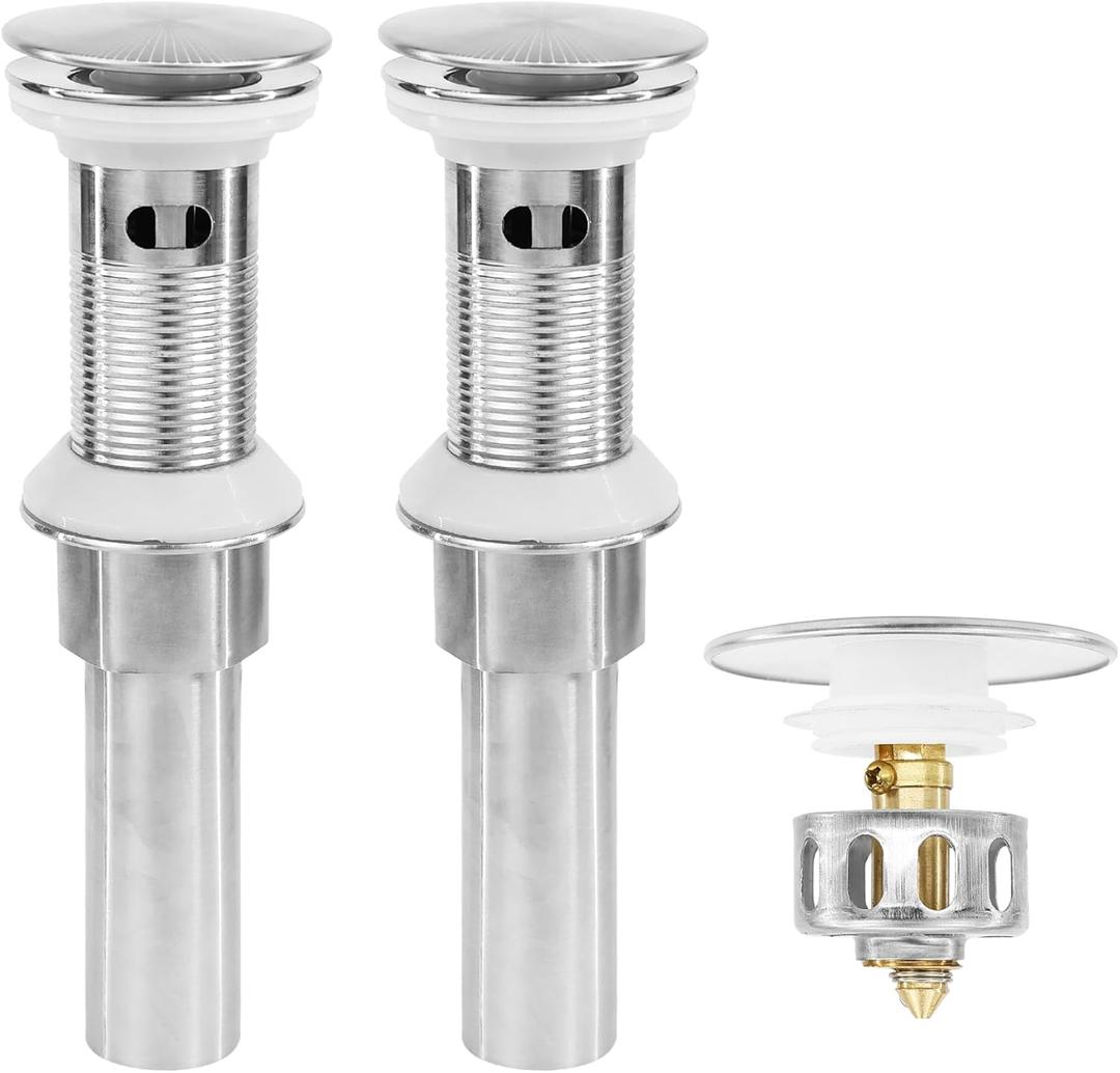 Bathroom Sink Drain,2 Pack Drain Stopper with Overflow, Pop Up Drain Assembly with Detachable Strainer Basket, Built-in Anti-Clogging, Stainless Steel Nut Brushed Nickel