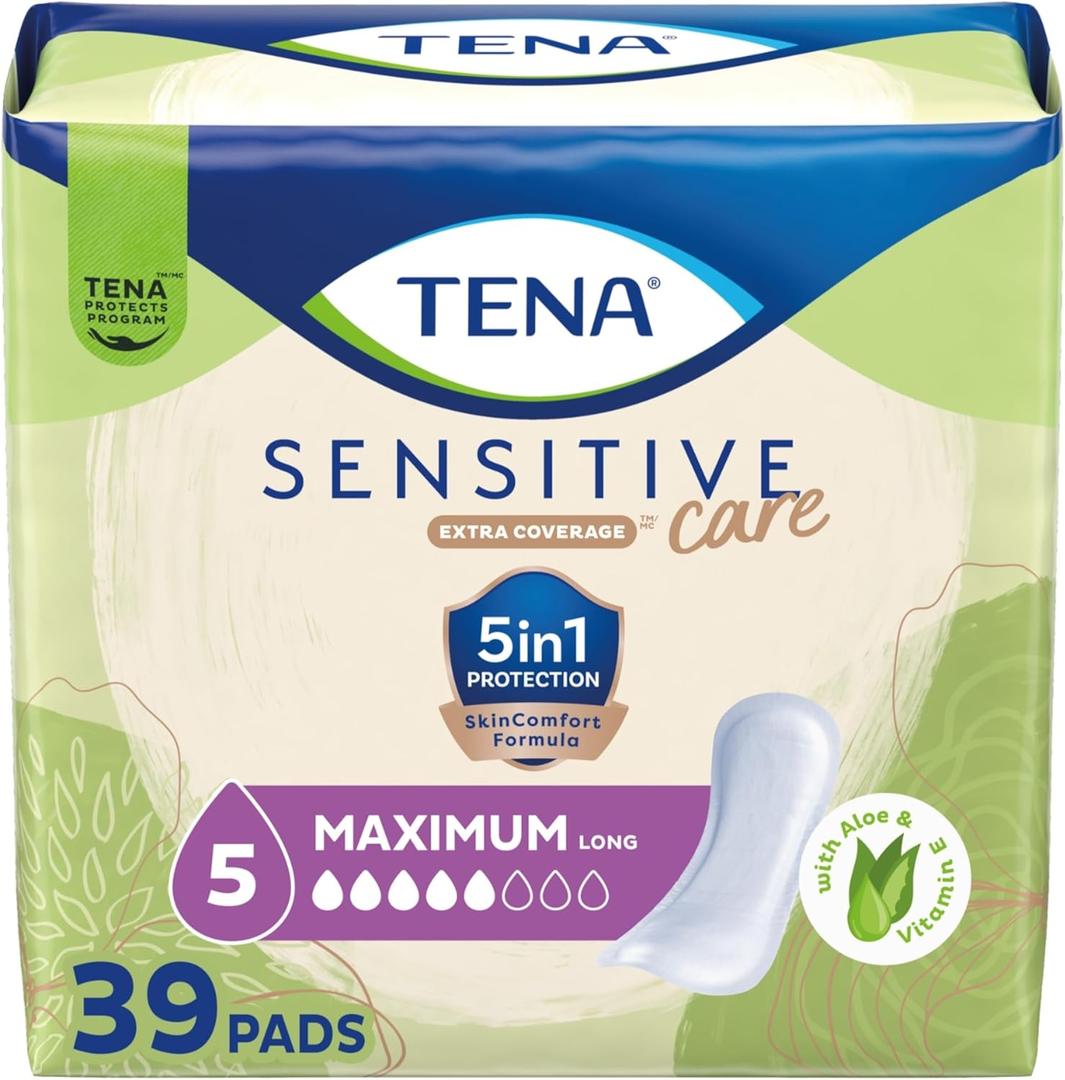 TENA Sensitive Care Maximum Absorbency Incontinence Pads for Women, Bladder Control Pad, Long Length, 39 Count