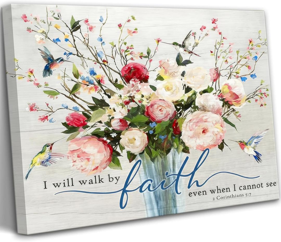 Christian Flower Wall Art Bible Verse Wall Decor Rustic Floral Scripture Canvas Paintings Inspirational Religious Picture Posters Prints Christian Faith Based Gifts for Home & Office Decor 16x12in