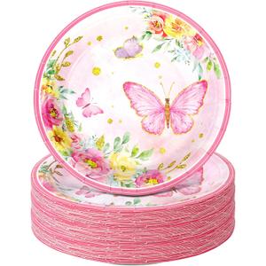 Zopeal 60 Pieces Spring Butterfly Paper Plates Bulk 9 Inch Floral Pink Flower Disposable Dessert Cake Plates Decorative for Girls Butterfly Themed Wedding Baby Shower Birthday Tea Party Supplies
