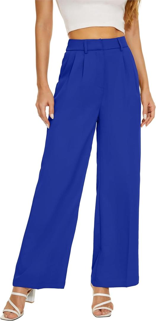 Women Wide Leg High Waist Wide Leg Pants Loose Fit Back Elastic Waist Pleated Front Trousers for Work Casual (Small, Dark Blue)