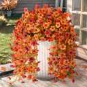 Artificial Fall Fake Flowers for Outdoor, 2 Pcs Faux Hanging Flowers Outdoor Fall Decor, UV Resistant No Fade Fake Mums Silk Flower for Front Door Porch Planters Patio Yard Garden(Orange Autumn Red)