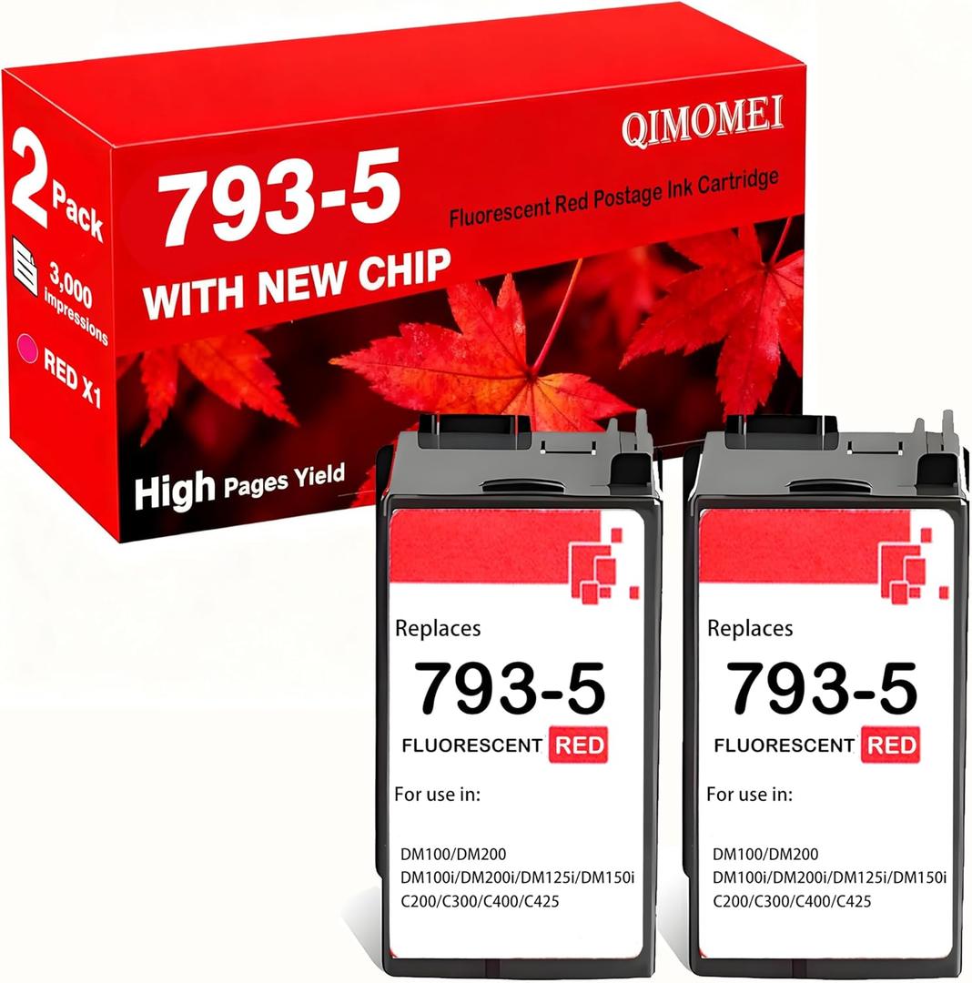 2 Pack 793-5 793 5 Ink Red Postage Ink Cartridge Replacement for Pitney Bowes 793-5 Red Ink Cartridge for DM100 DM200 DM100i DM200i DM125i DM150i and Sendpro C and Sendpro+, Red Ink, 35 ml