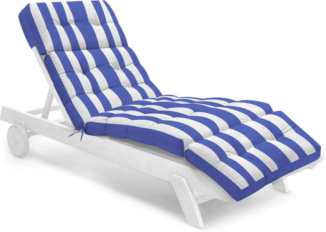 Outdoor Chaise Lounge Chair Cushion Waterproof 74.4 x 22 x 4.7 Inches Memory Foam Lounge Chair Cushions for Outdoor Furniture with Ties, Thickened Pool Lounge Chair Cushion, Stripe Blue&White