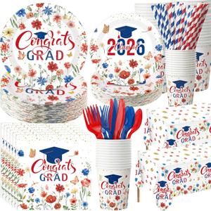 Ceenna 452 Pcs 2026 Red White Blue Floral Graduation Party Decoration for 50, Wildflower Congrats Grad Paper Plates Napkins Cups Tablecloth Cutlery Straw Grad Tableware for Class of 2026 Party Supply
