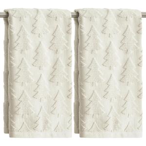Artoid Mode 2 Pcs Beige 3D Xmas Tree Jacquard Christmas Hand Towels for Bathroom, 100% Cotton Soft Absorbent Bathroom Decor Towels, 13.7 x 29.5 Inch