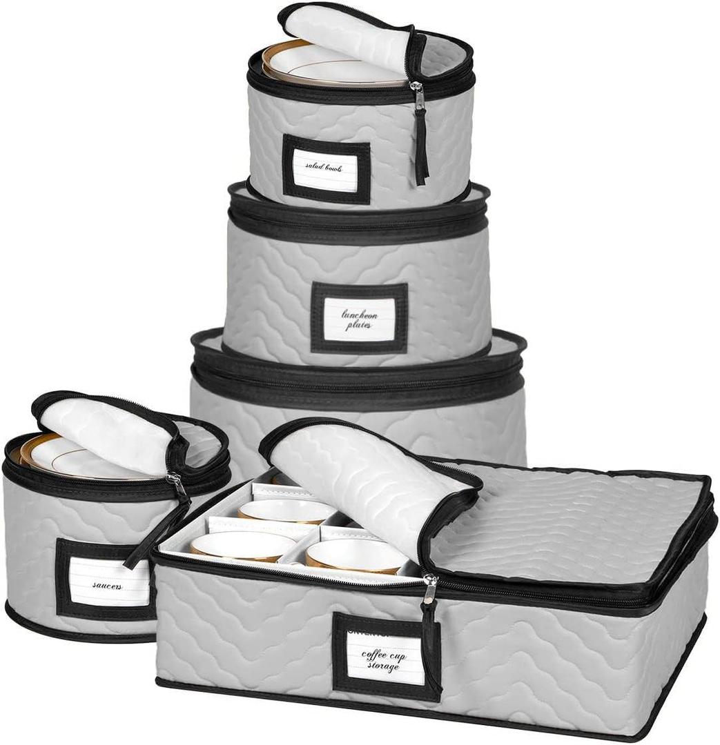 2 x China Storage Containers 5-Piece Set Moving Boxes for Dinnerware, Glasses, Plates, Mugs and Saucers Sturdy Quilted Microfiber Dish Organizer with Dividers for Seasonal Storage - Holds Set of 12, Gray