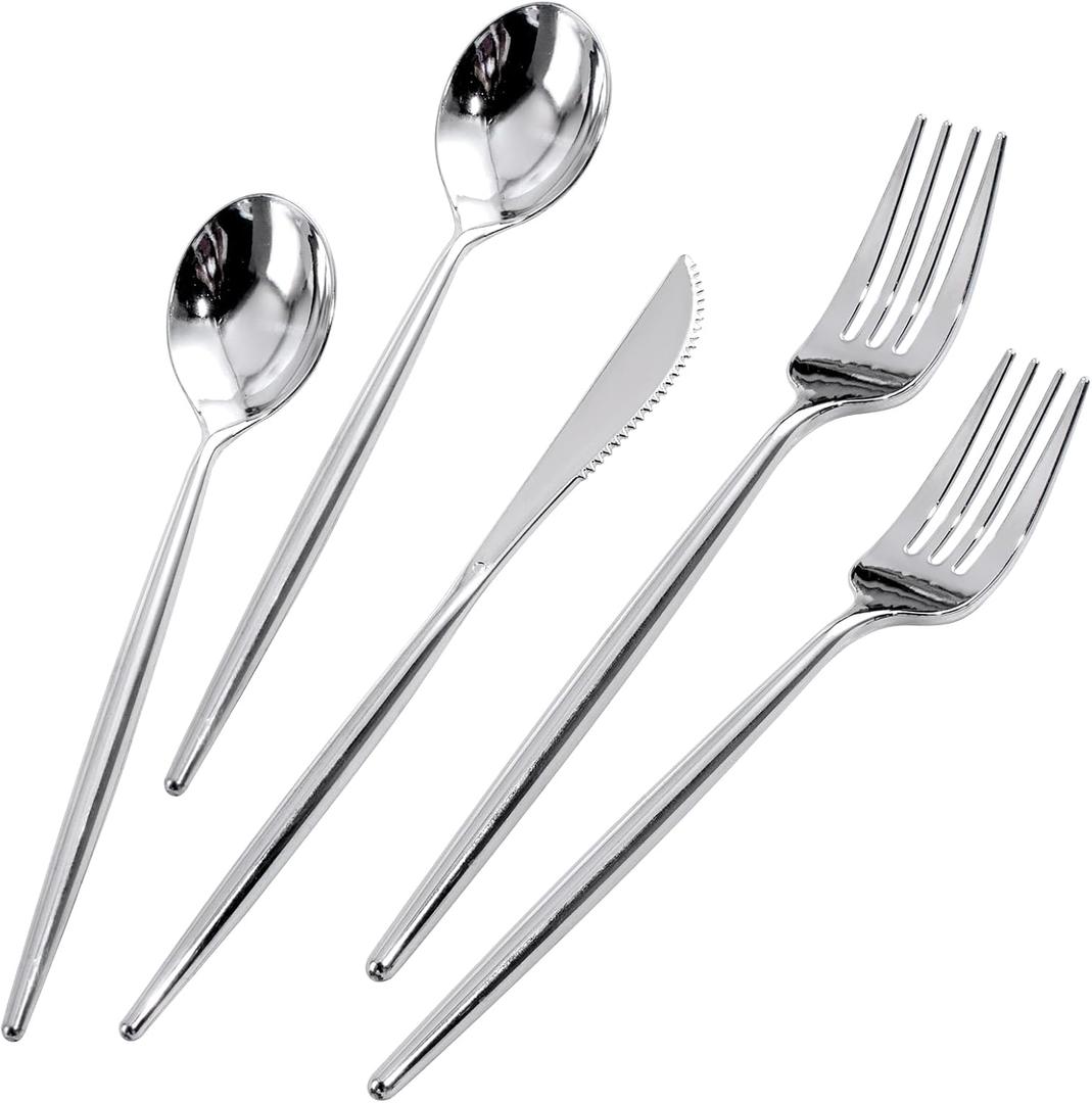 Rubtlamp 180 Pcs Silver Plastic Silverware, Silver Utensils Heavy Duty, Elegant Plastic Cutlery, Fancy Disposable Flatware, Forks Spoons and Knives Set For Party Mother's Day