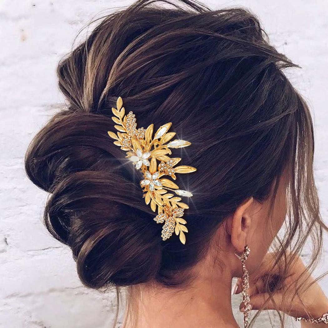 JAKAWIN Leaf Bride Wedding Hair Comb Gold Crystal Hair Piece Rhinestone Bridal Hair Accessories for Women (Gold)