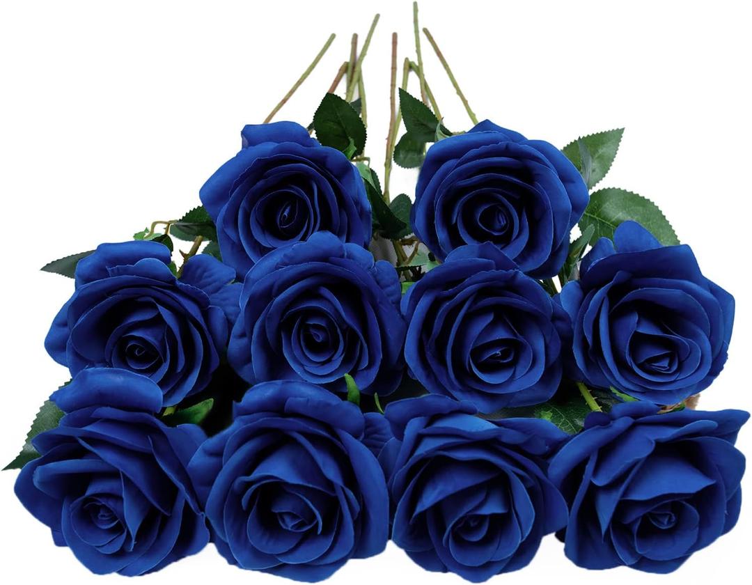 DuHouse 10pcs Fake Roses Artificial Silk Flowers Faux Rose Flower Long Stems Bouquet for Arrangement Wedding Centerpiece Party Home Kitchen Decor (Royal Blue)