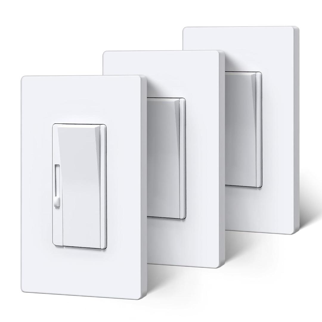 BESTTEN 3 Pack Super Slim Slide Dimmer Light Switch, Quiet Rocker, Max 300W LED, CFL, 600W Incandescent, Single Pole or 3 Way Dimmable Switch with Screwless Wallplate, ETL Listed, White