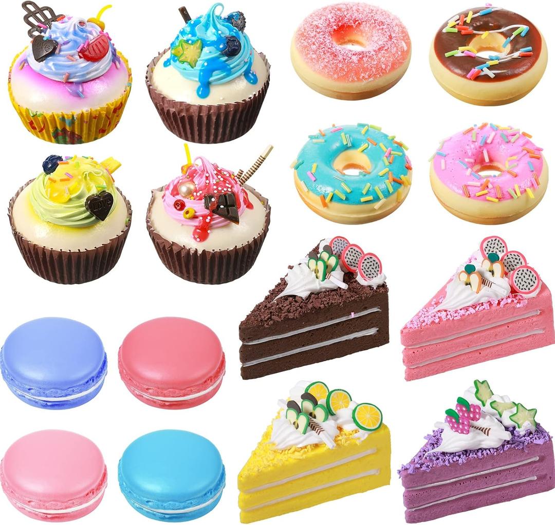 Chivao 16 Pcs Fake Food Realistic Artificial Toy Donuts Cupcake Fake Slice Cake Artificial Simulation Macaron, for Display PU Foam Realistic Food Props for Home Shop Party Decorations (Donuts)