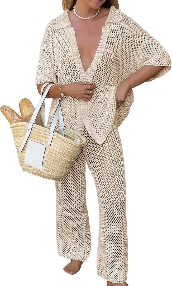 Famulily Womens Sexy Hollow Out Swimsuit Cover Up Sets Button Up Tops and Drawstring Pants 2 Piece Beach Set X-Large, Khaki