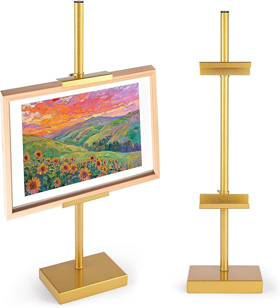 Tabletop Easel Stand, Adjustable Picture Frame Stand for Display Up to 25 H, Gold Metal Picture Frame Holder, Suitable for Displaying Photos, Artwork, and Canvases (Gold)