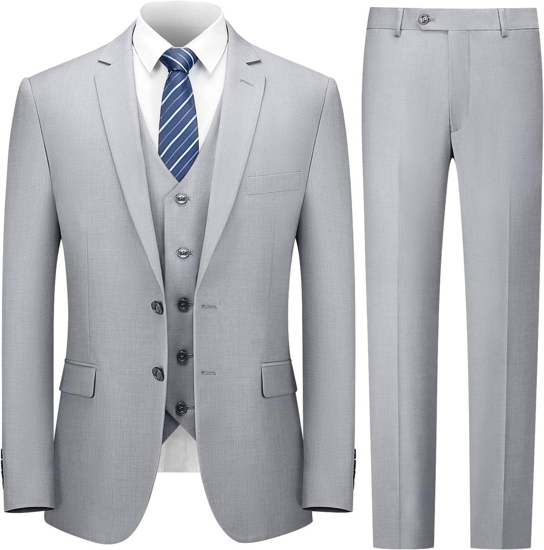Cooper & Nelson 3 Piece Mens Suit Set, Slim Fit Suit for Men, Solid Jacket, Vest, Pants and Tie (Medium, Light Grey)