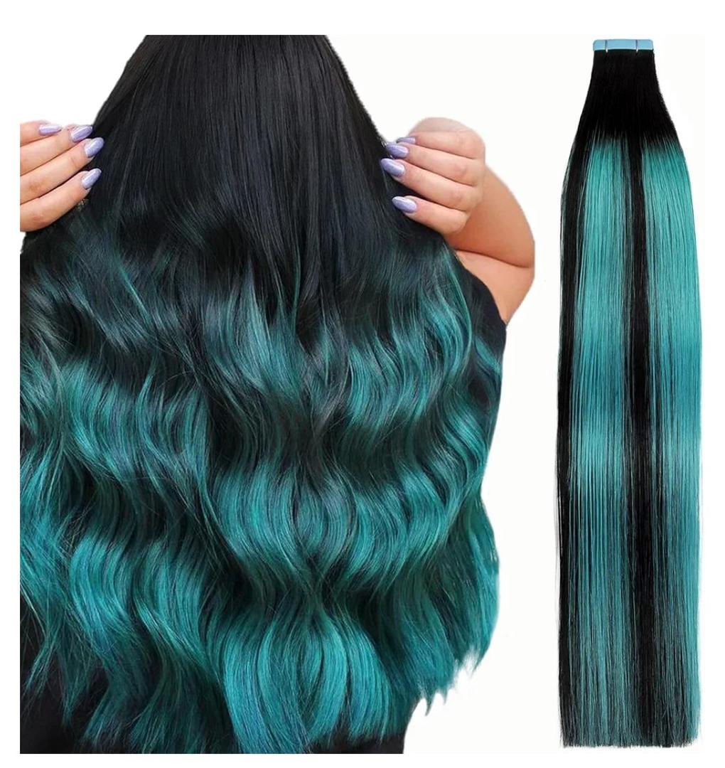 18 Inch Tape in Hair Extensions - 10 Pieces (2g/Piece) 100% Remy Human Hair - Includes Waterproof Tapes - Black Teal Green Balayage