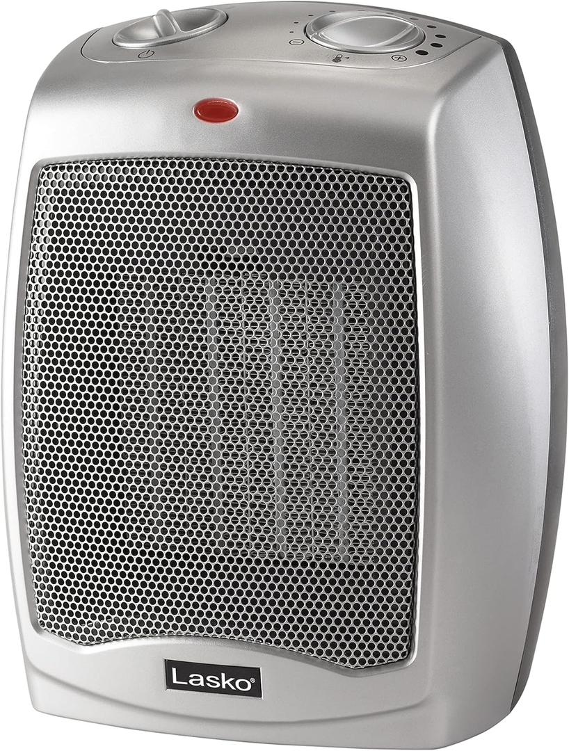 Lasko Desktop Electric Ceramic Space Heater with Adjustable Thermostat, 2 Heat Settings and Fan Only Mode, 9.2 Inches, Silver, 754200