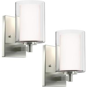 Kalium Wall Sconces Set of Two Modern Vanity Lights with Double Clear Glass Shade Brushed Nickel Indoor Farmhouse Wall Light for Bathroom Living Room Bedroom Mirror Hallway Bulb E26 Base (2PCS)