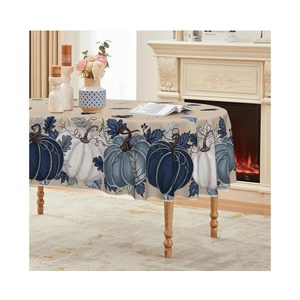 Horaldaily Fall Tablecloth 60×84 Inch Oval, Autumn Harvest Blue Pumpkin Floral Washable Seasonal Table Cover for Party Picnic Dinner Decor