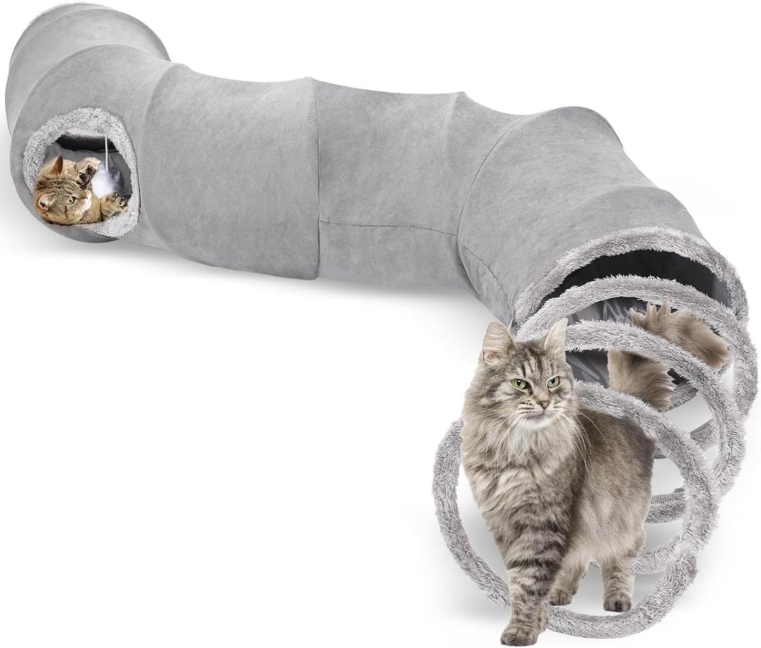 S-2-Way Cat Tunnel for Indoor Cats - 59x10Inches,Collapsible Play Tunnel, Interactive Toy with 2 Hidden-Exits&Hanging Balls, Cat Spiral Tunnel for Cats, Puppy, Kitty, Kitten, Rabbit (Gray)