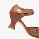 NEWBELLA Womens Mary Janes Vintage Pumps with Adjustable Ankle Strap & Embossed Cutou Design, Comfortable Flared Heels for Casual & Dressy Brown, Size 6.5