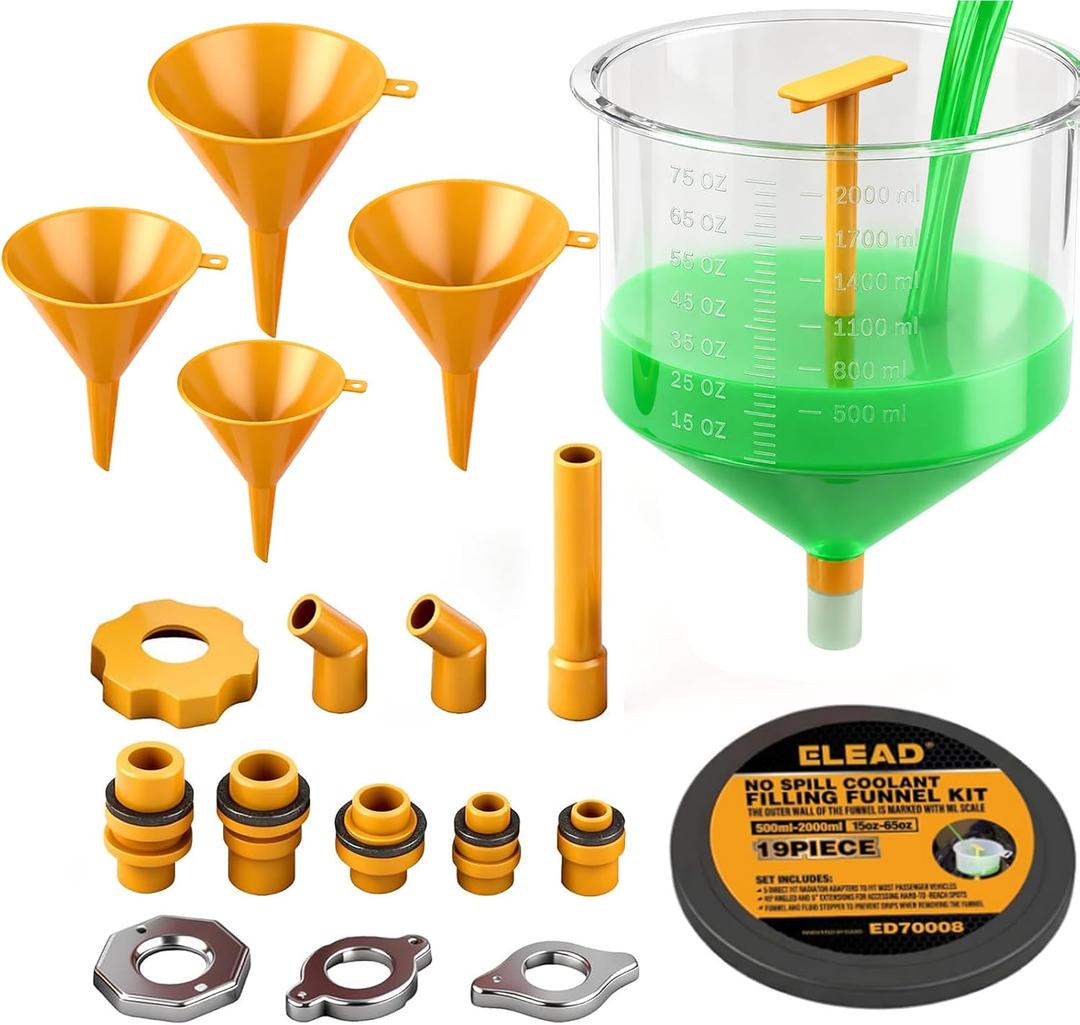 ELEAD No-Spill Coolant Funnel Kit - 19-Piece Radiator Funnel burping kit, coolant Bleeder kit, Extra Funnels and Adapters for Universal Vehicle