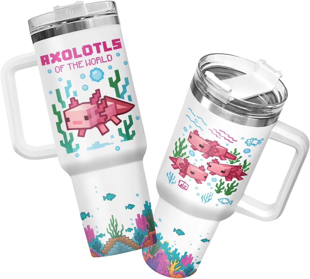 34HD Pixel Axolotl 40oz Tumbler with Handle and Straw  Cute Sea Animal Stainless Steel Water Cup  Insulated Coffee Travel Mug for Kids, Gamers, Women, Axolotl Lovers, Birthday Gift Christmas Gift