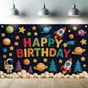 Space Happy Birthday Backdrop Banner Photography Background Party Decoration for Boy Girl Kids Baby Universe Planets Solar Galaxy Astronaut Photo Booth Supplies 71.8 X 43.3in