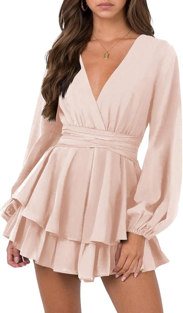 Nova In Sky Womens Sexy V Neck Long Sleeve Tie Waist Ruffle Hem Flowy Swing Mini Short Wrap Dress (Pink) XS