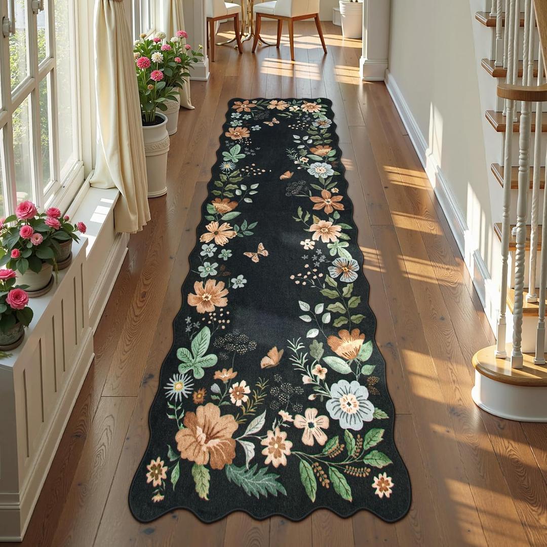Lahome Floral Runner Rug for Hallways, 2'6''x8' Kitchen Runner Non Slip, Soft Washable Hallway Rugs with Rubber Backing Carpet for Laundry Bedroom Bathroom(Black/Grey)