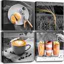 Oilpa Art Food Canvas Wall Art for Kitchen Decor Black and White Coffee Canvas Art Pictures Painting Breakfast with Drink Pints Framed Artwork Dining Room Restaurant Wall Decor 12x12 4 Pieces Set