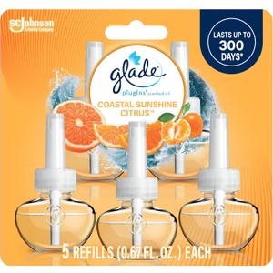 Glade PlugIns Refills Air Freshener,Coastal Sunshine Citrus, Scented and Essential Oils for Home and Bathroom, 0.67 Fl Oz, 5 Count