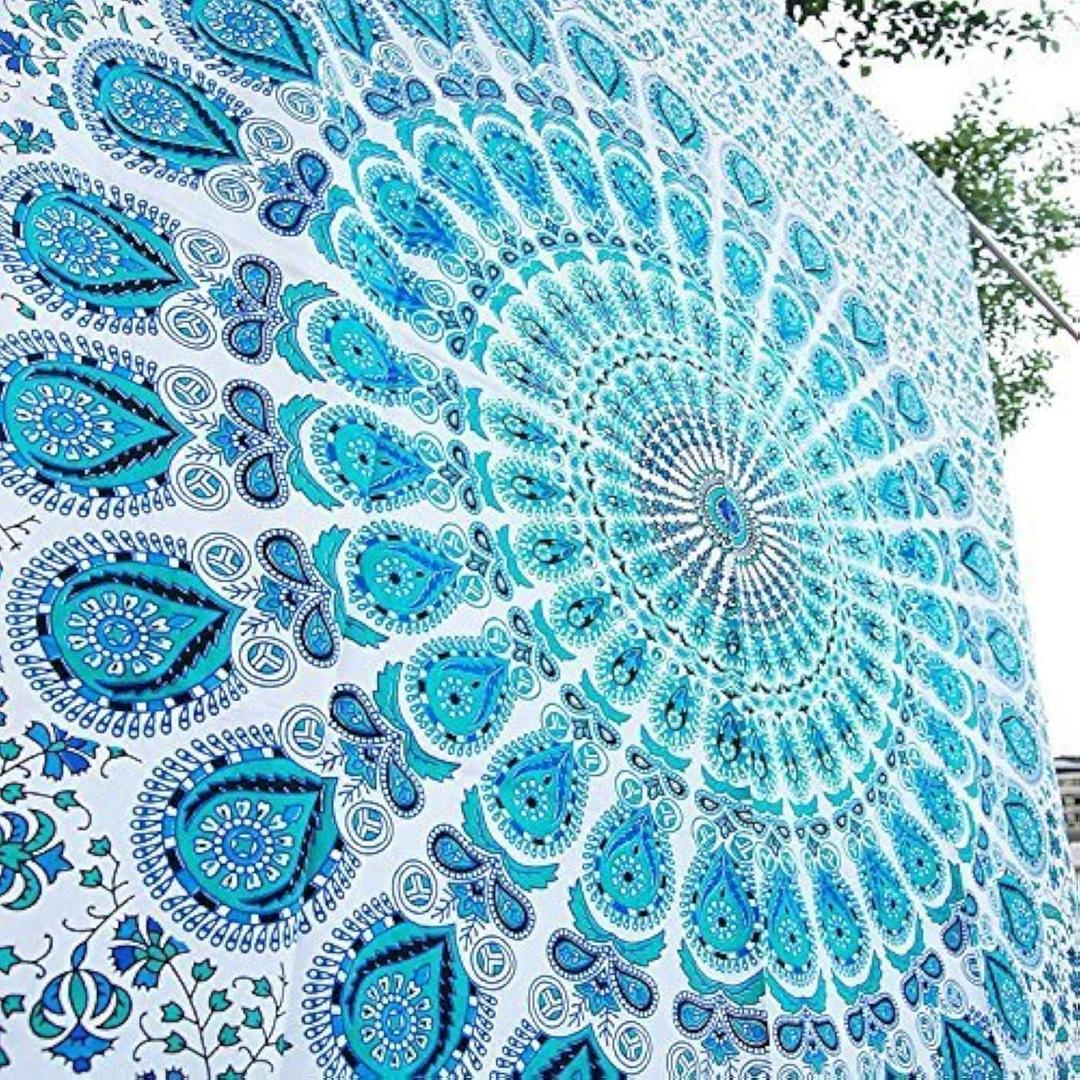 Bless International Handmade Indian hippie Bohemian Psychedelic Peacock Mandala Wall hanging College Dorm Beach Throws Table Cloth Bedding Tapestry (Peacock Sky Blue, King(88x104Inches)(225x265Cms)) (104L" x 88W")