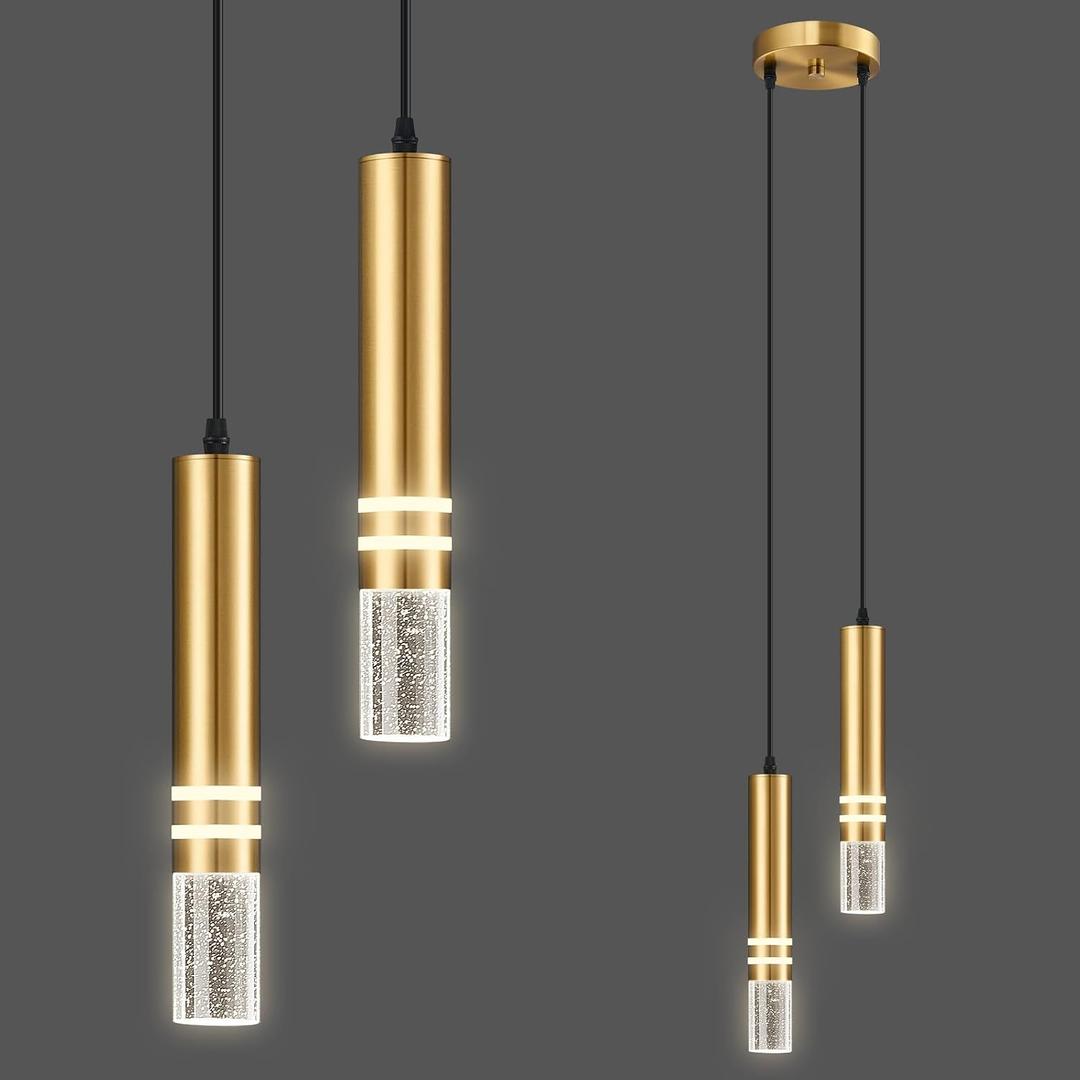 Pendant Lights Kitchen Island, Crystal Pendant Light Fixtures Mini 12W LED Modern Kitchen Pendant Lighting Over Sink and Living Room and Bedroom (Gold 2 Light)